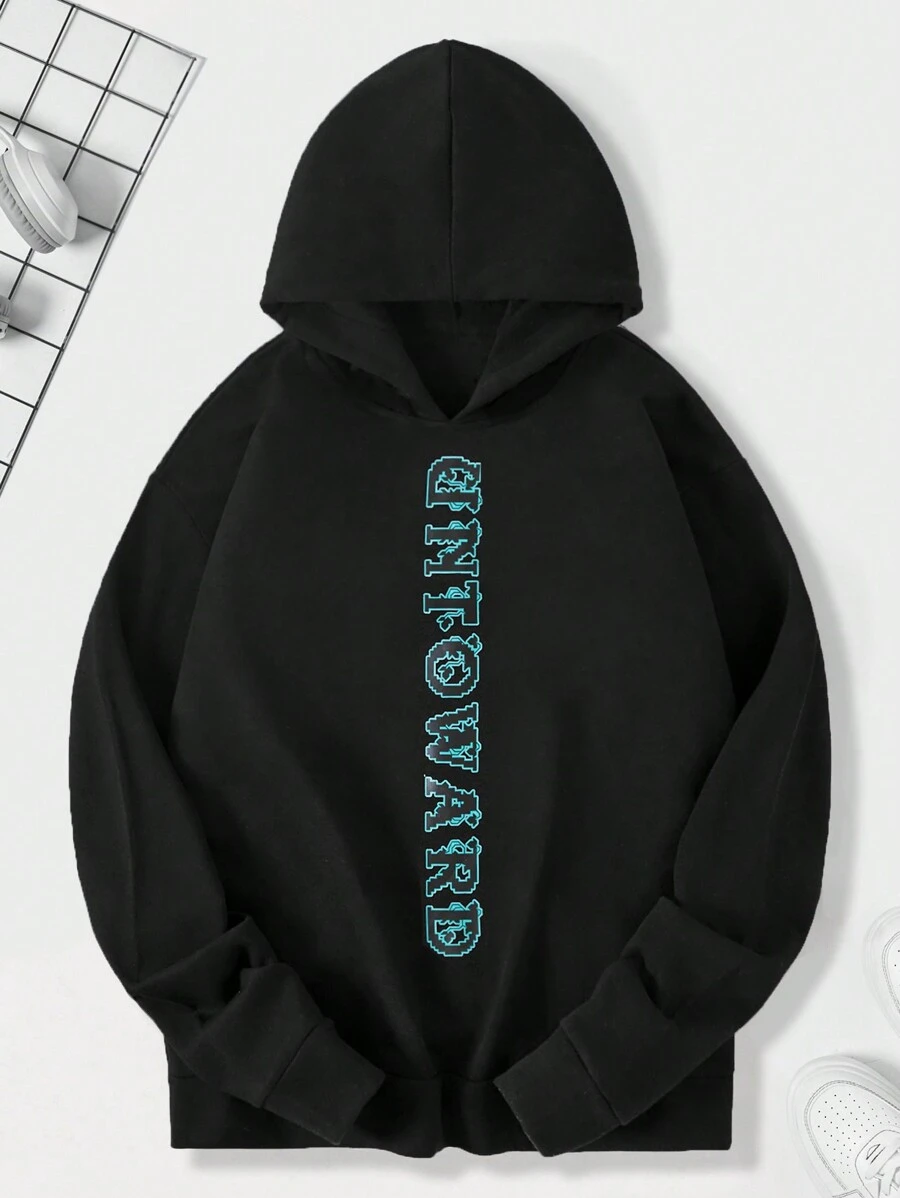 RueChic Men's Hooded Sweatshirt With Letter Print - Black - View 1