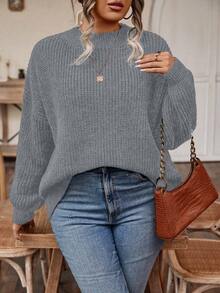 SHEIN LUNE 大碼落肩袖套頭毛衣 - 灰色 - 查看 4