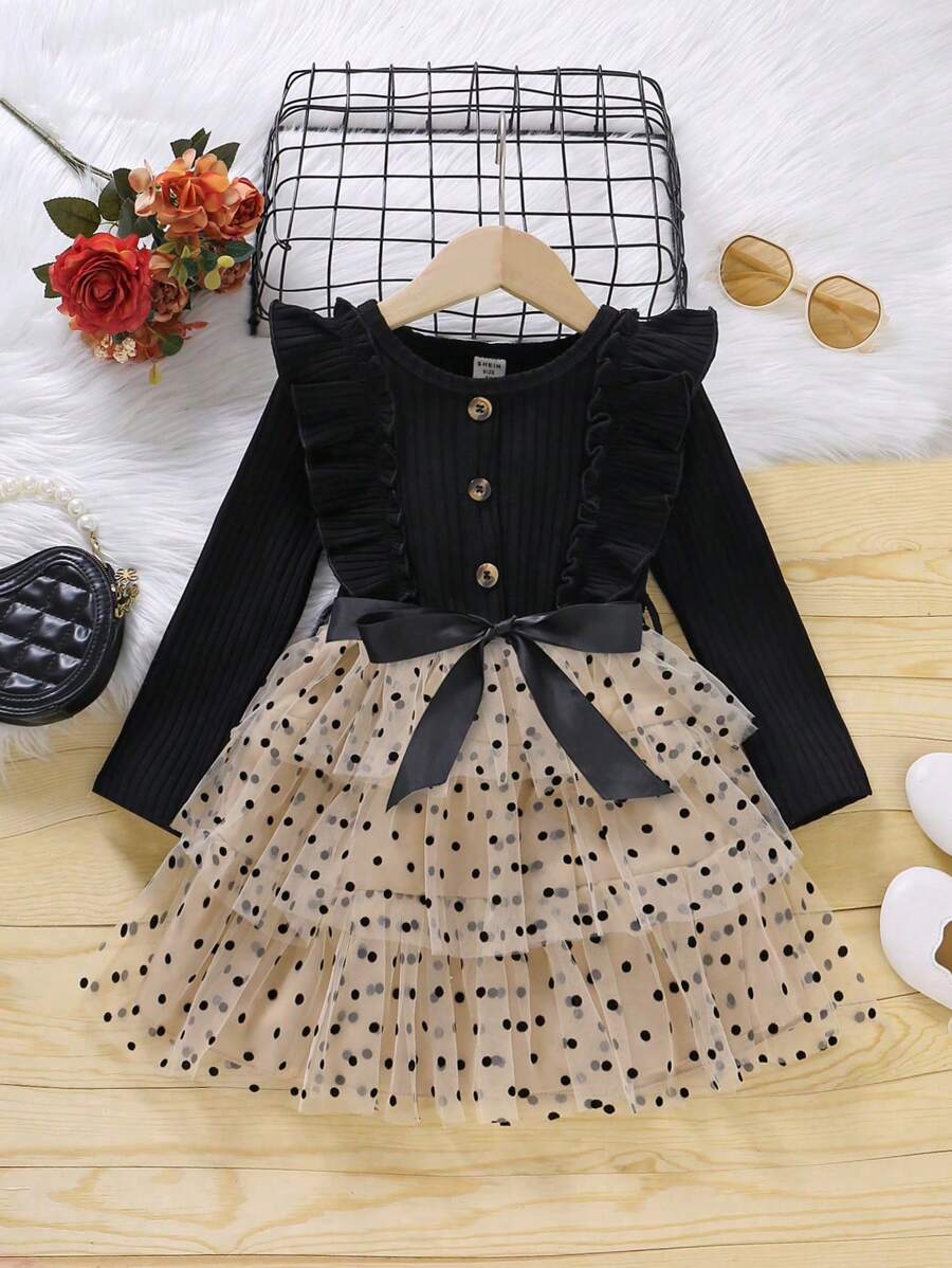 SHEIN 少女優雅圓領長袖分層薄紗公主裙，荷葉邊下擺，適合春秋婚禮、派對和舞會 - 黑色 - 查看 1