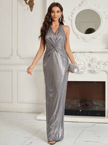 SHEIN Belle 女款前扭結、掛脖設計、直筒剪裁緊身連身裙 - 灰色 - 查看 1