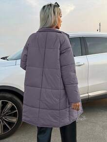 SHEIN LUNE Áo khoác dài tay đơn hàng khuy đơn giản có đệm cho nữ, màu trơn, quần áo mùa đông - Bụi tím - Xem 2