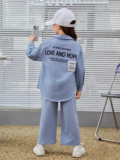 SHEIN 少女口號圖案拼接細節落肩上衣和寬腿褲