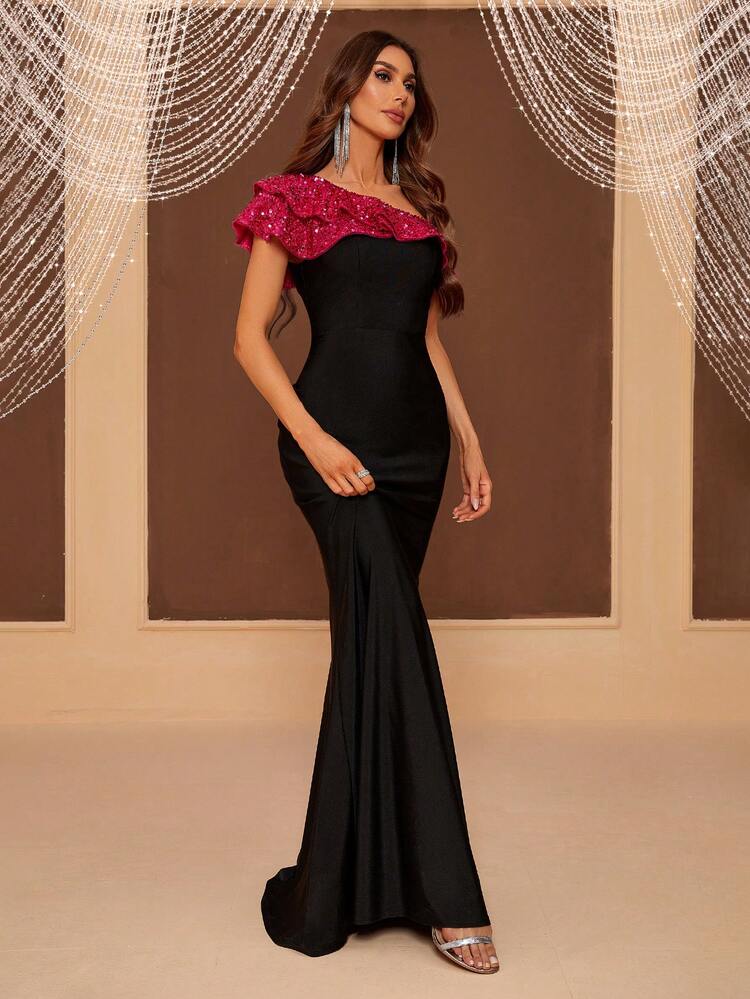 Asymmetric Neckline With Ruffle & Sparkly Patchwork Mermaid Evening Dress