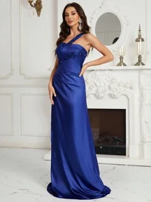 SHEIN Belle One Shoulder Contrast Sequin Wrap Hem Prom Dress - Blue - View 5