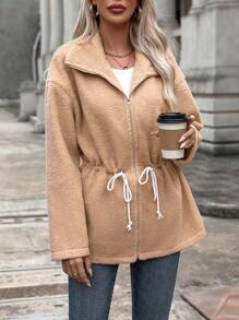 SHEIN LUNE Drawstring Waist Drop Shoulder Teddy Coat - Khaki - View 3