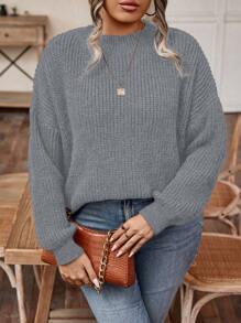 SHEIN LUNE 大碼落肩袖套頭毛衣 - 灰色 - 查看 1