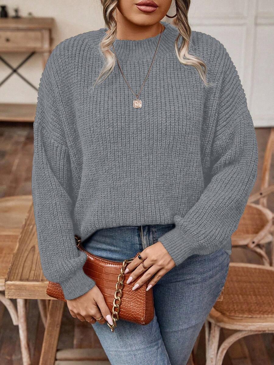 SHEIN LUNE 大碼落肩袖套頭毛衣 - 灰色 - 查看 1