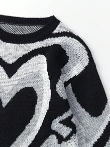 Teen Girl Heart Pattern Drop Shoulder Sweater Dress Without Belt - Multicolor - View 3