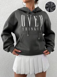SHEIN PETITE Letter Graphic Kangaroo Pocket Drop Shoulder Drawstring Hoodie - Dark Grey - View 1