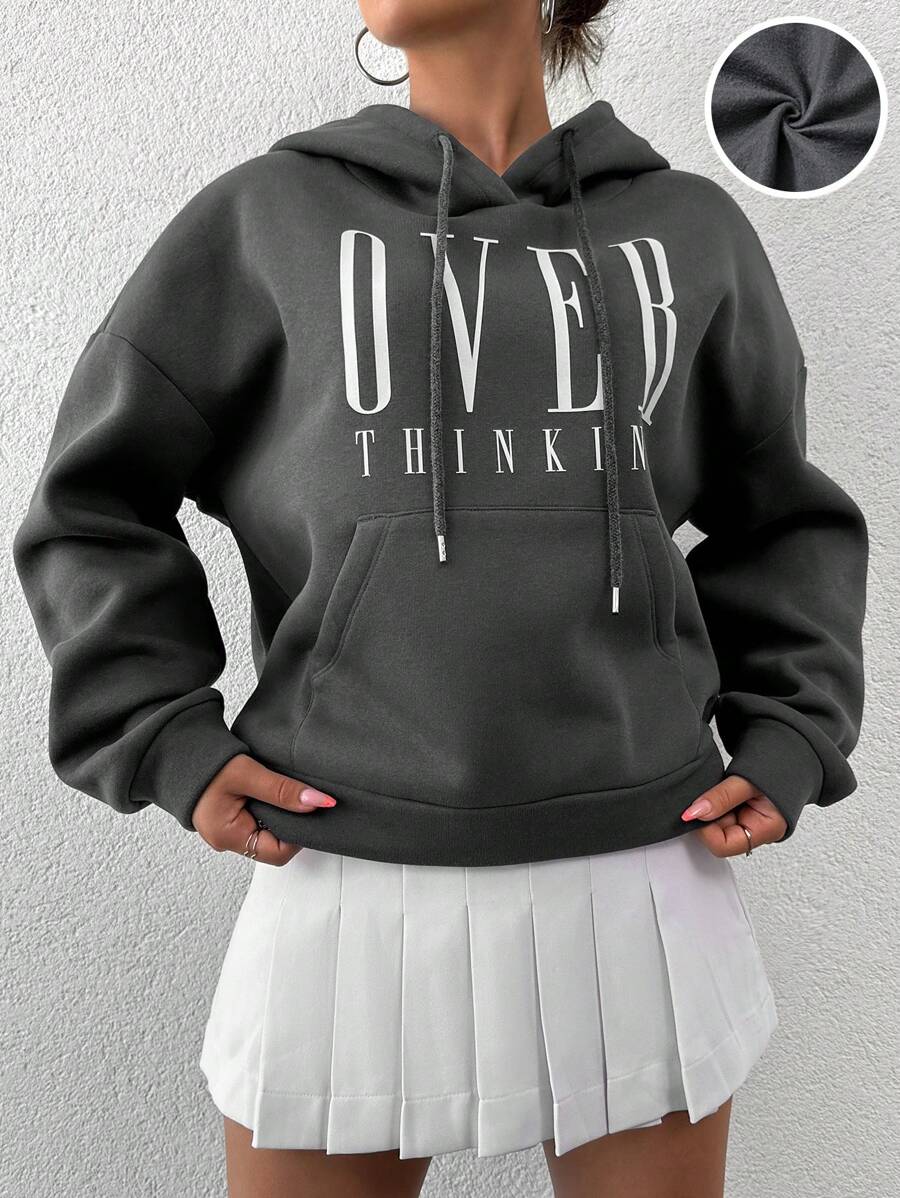 SHEIN PETITE Letter Graphic Kangaroo Pocket Drop Shoulder Drawstring Hoodie - Dark Grey - View 1