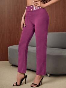 EURMUSE Houndstooth Print Panel Button Detail Straight Leg Pants - Hot Pink - View 5