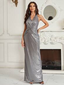 SHEIN Belle 女款前扭結、掛脖設計、直筒剪裁緊身連身裙 - 灰色 - 查看 3