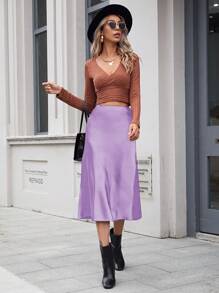 EURMUSE Solid Color High Waisted Knee Length Skirt - Lilac Purple - View 5