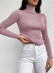 EURMUSE Turtleneck Ribbed Knit Sweater - Coral Pink - View 4