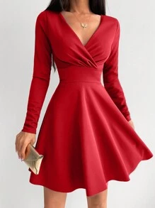 EURMUSE Surplice Neck Solid Dress - Đỏ - Xem 1
