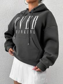 SHEIN PETITE Letter Graphic Kangaroo Pocket Drop Shoulder Drawstring Hoodie - Dark Grey - View 3