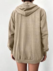 EURMUSE 100%Cotton Zip Up Drawstring Hooded Sweatshirt - Beige - View 2