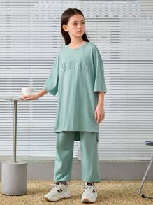 SHEIN Tween Girls鬆身復古風毛衣和長褲,3d字母印花兩件套 - 綠色 - 查看 4