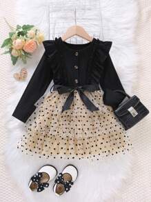 SHEIN 少女優雅圓領長袖分層薄紗公主裙，荷葉邊下擺，適合春秋婚禮、派對和舞會 - 黑色 - 查看 5