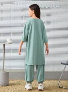 SHEIN Tween Girls鬆身復古風毛衣和長褲,3d字母印花兩件套 - 綠色 - 查看 2