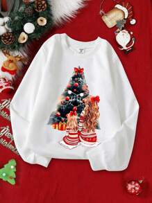 SHEIN Áo nỉ cổ tròn in hình cây thông Noel cho bé gái tuổi teen mùa xuân và mùa thu - trắng - Xem 1