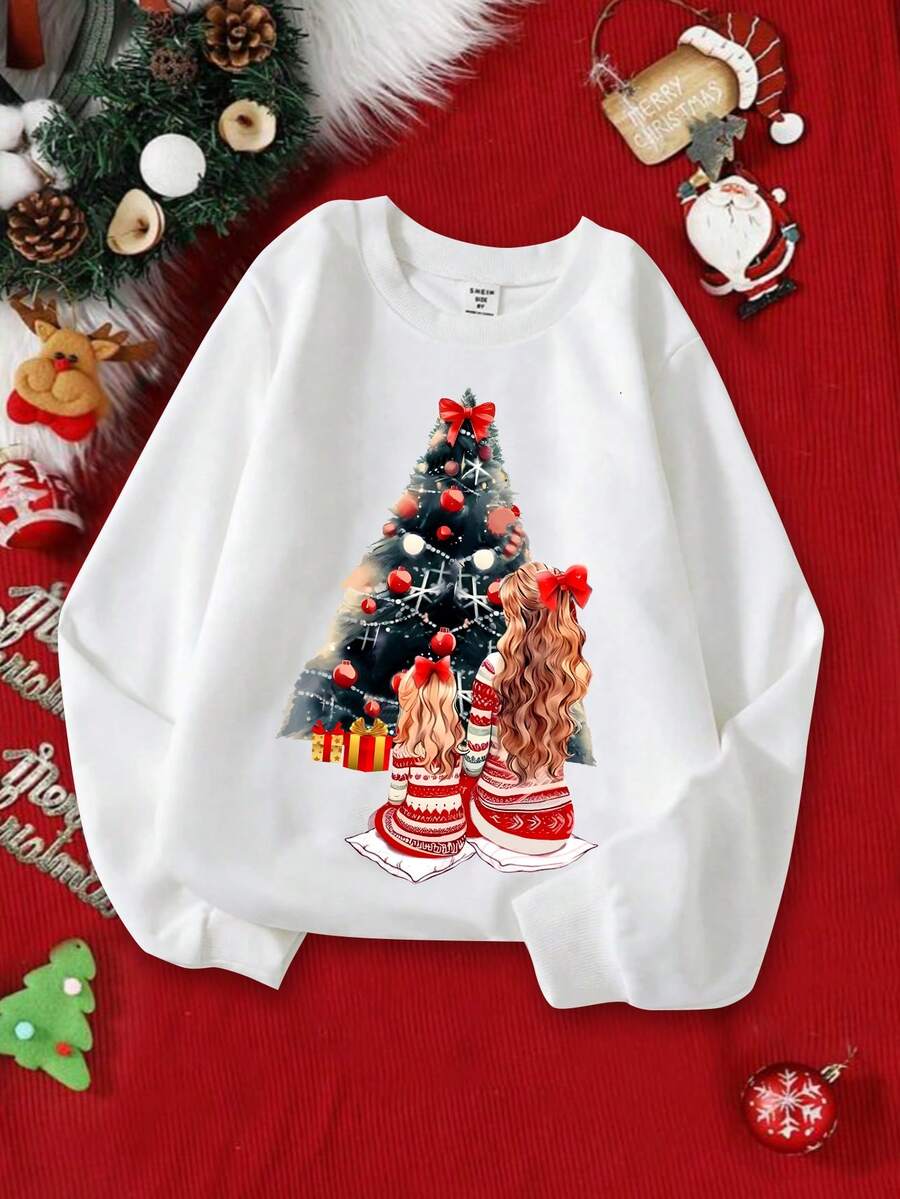 SHEIN Áo nỉ cổ tròn in hình cây thông Noel cho bé gái tuổi teen mùa xuân và mùa thu - trắng - Xem 1