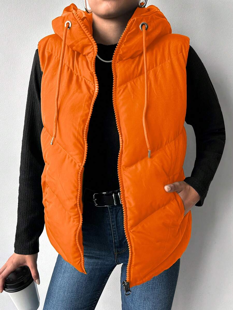 EURMUSE Zip Up Drawstring Hooded Vest Puffer Coat - Orange - View 1