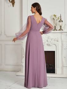 SHEIN Belle 女士刺绣网眼灯笼袖高开叉晚礼服优雅长袖正式舞会婚礼宾客礼服，适合毕业典礼、晚宴 - 淺灰紫 - 查看 2