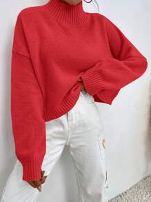 EURMUSE Turtleneck Drop Shoulder Sweater - Red - View 5