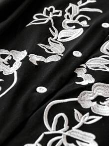 SHEIN LUNE Plus Floral Embroidery Lantern Sleeve Shirt - Black - View 5