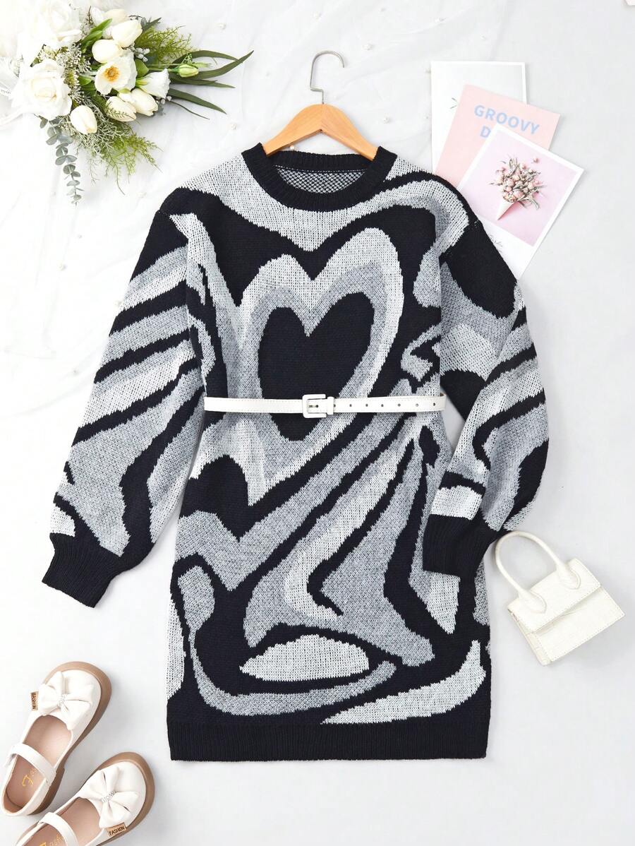 Teen Girl Heart Pattern Drop Shoulder Sweater Dress Without Belt - Multicolor - View 1