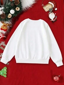 SHEIN Áo nỉ cổ tròn in hình cây thông Noel cho bé gái tuổi teen mùa xuân và mùa thu - trắng - Xem 2