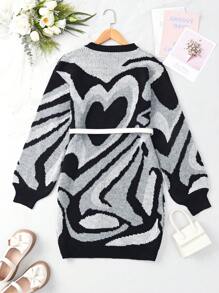 Teen Girl Heart Pattern Drop Shoulder Sweater Dress Without Belt - Multicolor - View 2