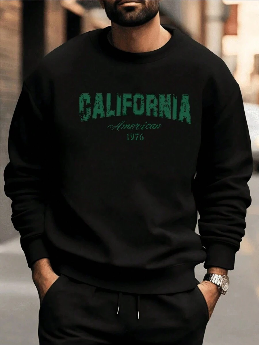 男士字母圖案加絨內裏運動衫 - 黑色 - 查看 1