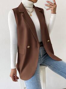 EURMUSE Của phụ nữ Không tay Áo khoác vest Với Cổ bẻ , Phong cách Công sở - màu nâu - Xem 4