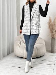 SHEIN Franclia 大碼格紋單釦馬甲西裝外套 - 白色 - 查看 5