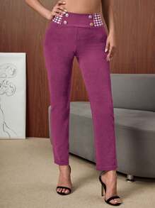 EURMUSE Houndstooth Print Panel Button Detail Straight Leg Pants - Hot Pink - View 3