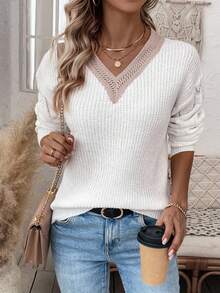 SHEIN LUNE Guipure Lace Panel Drop Shoulder Pointelle Knit Sweater - Multicolor - View 6