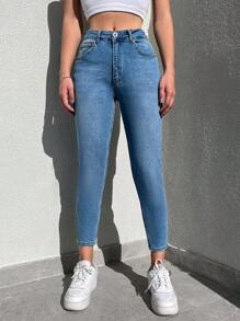 SHEIN PETITE Slant Pocket Skinny Jeans - Blue - View 1