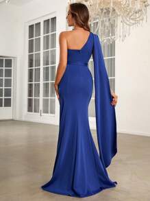 SHEIN Belle Vestido De Dama De Honor Con Cinturón, Con Un Hombro Al Descubierto, Corte En El Muslo - Azul - Ver 2