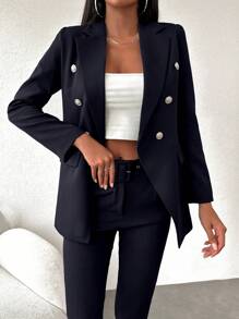 EURMUSE Ladies' Double Breasted Suit Jacket And Pants Set - Black - View 6