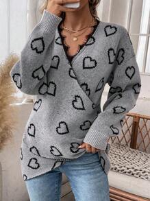 SHEIN LUNE 心形图案睫毛蕾丝边饰落肩交叉裹身针织套头衫秋冬毛衣 - 灰色 - 查看 6