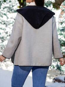 EMERY ROSE Plus Contrast Binding Dual Pocket Hooded Overcoat - Grey - View 2