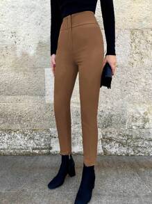 EURMUSE Solid Zipper Fly Tapered Trousers - Brown - View 3