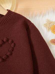 SHEIN 幼兒女童休閒愛心和毛球裝飾立體針織毛衣 - 咖啡棕 - 查看 4
