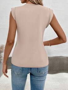 SHEIN LUNE Camiseta con estampado de pluma de manga casquillo - Caqui - Ver 2