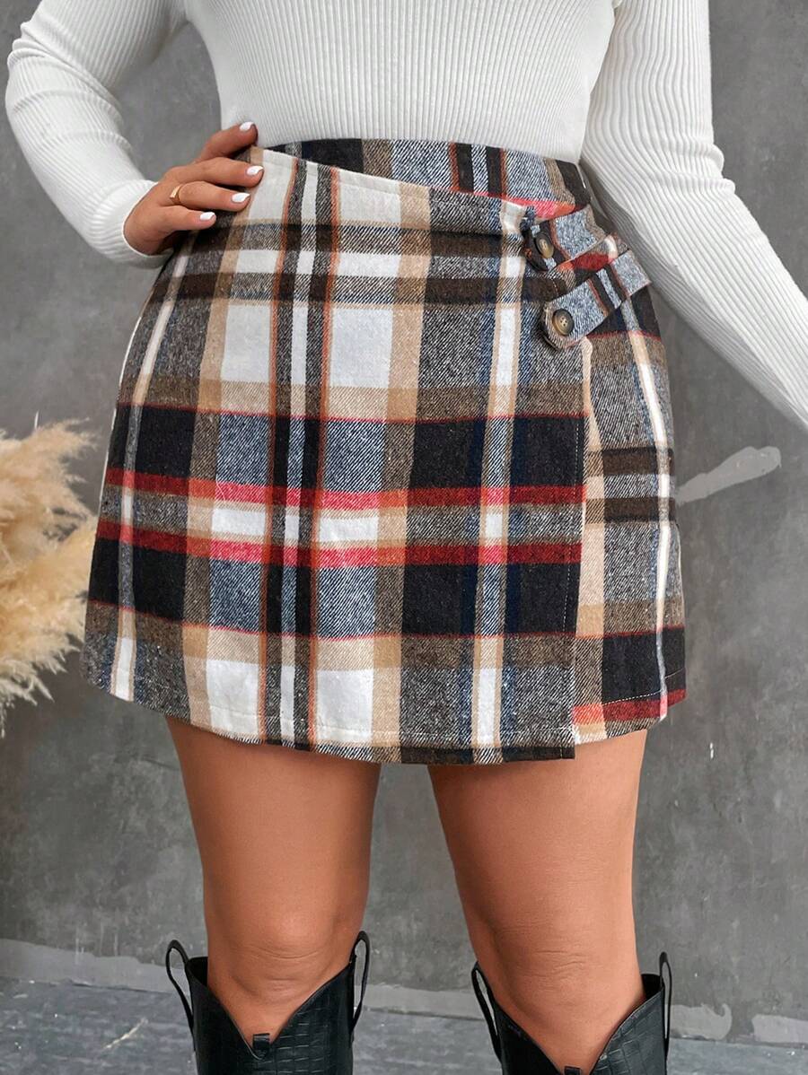 Flirla 大碼鈕扣帶圍裹格紋半身裙 - 卡其色 - 查看 1