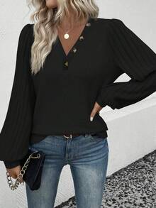 SHEIN LUNE Tay áo lồng đèn Áo thun Với nút Chi tiết - màu đen - Xem 3