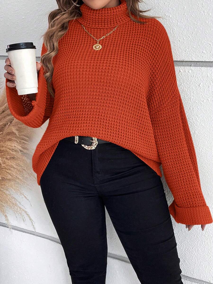 SHEIN LUNE 大碼高領落肩袖華夫格編織套頭毛衣 - 亮橙色 - 查看 1