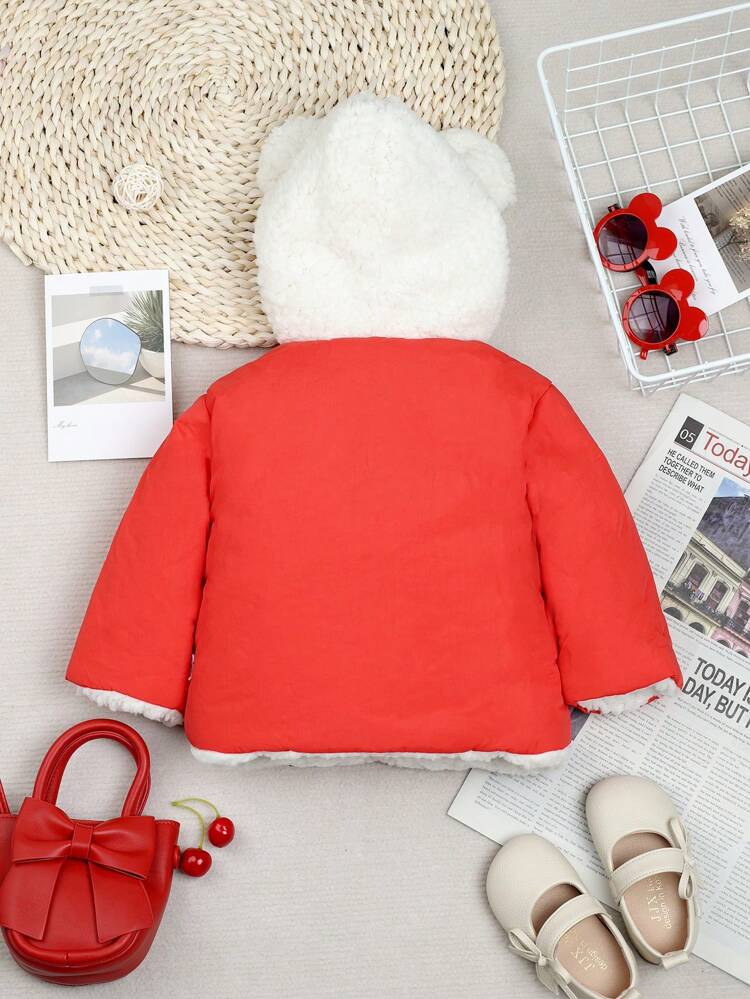 Baby Girls' Hooded Jacket With Double Pockets, Button Front And 3d Ears Design